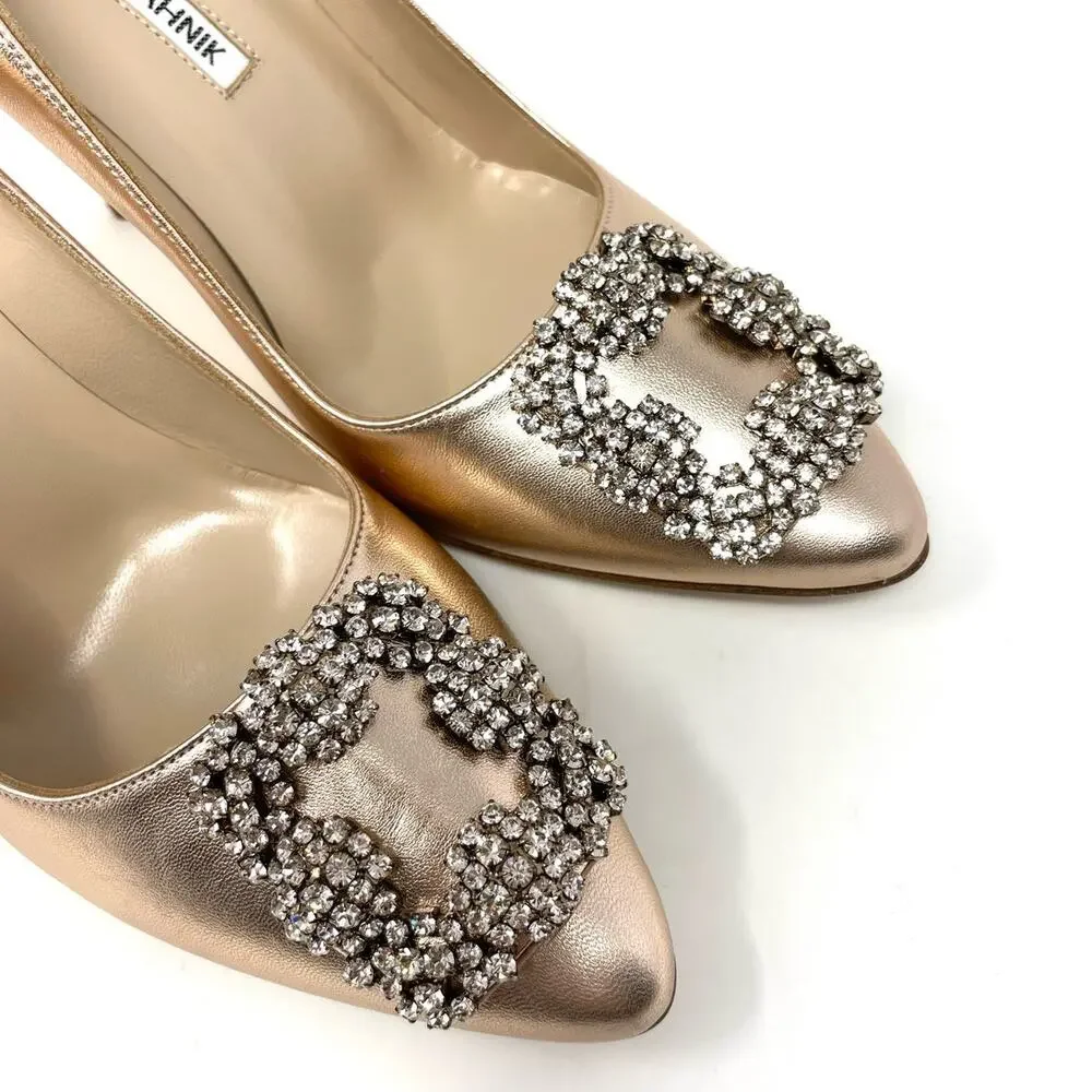 Manolo Blahnik Hangisi Rose Gold Metallic Leather Crystal Buckle Pump Heel EU 37 - Picture 6 of 14